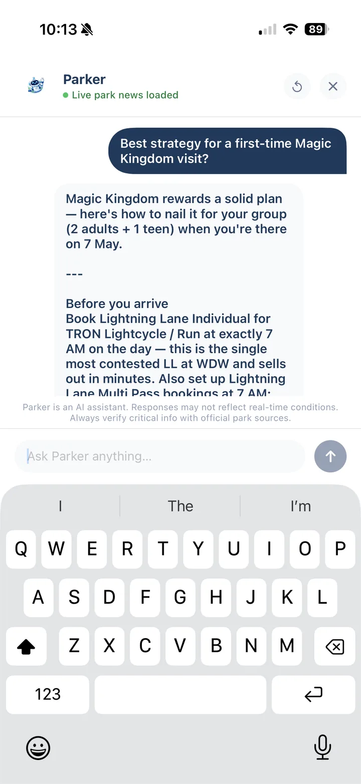 Parker AI assistant answering a Magic Kingdom strategy question