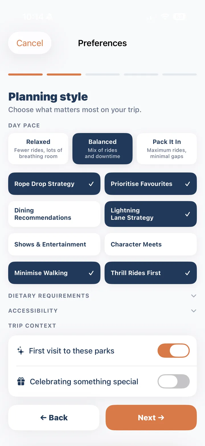 Planning style preferences screen